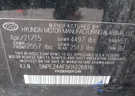 2015 Hyundai Sonata Se from USA, damaged, VIN 5NPE24AF5FH226816